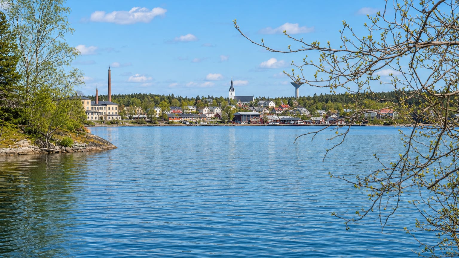 Merimasku townscape across calm blue archipelago water, with a church spire, waterfront houses and spring-green trees