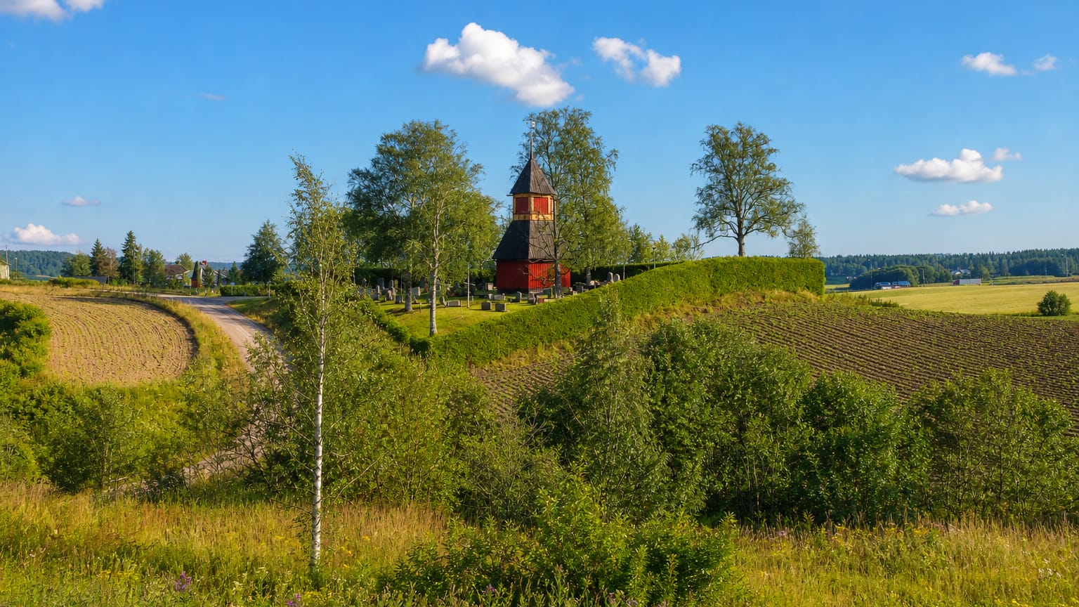 Red wooden church bell tower on a tree-lined hill above farm fields in Muurla, Finland, under a blue summer sky