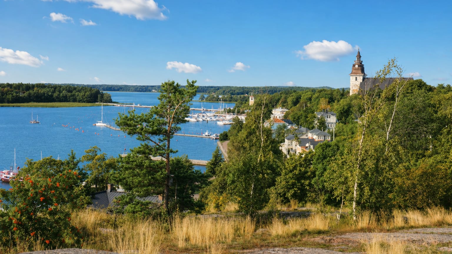 Naantali's old town and guest marina below a wooded hilltop, the medieval church tower rising above the archipelago shore.