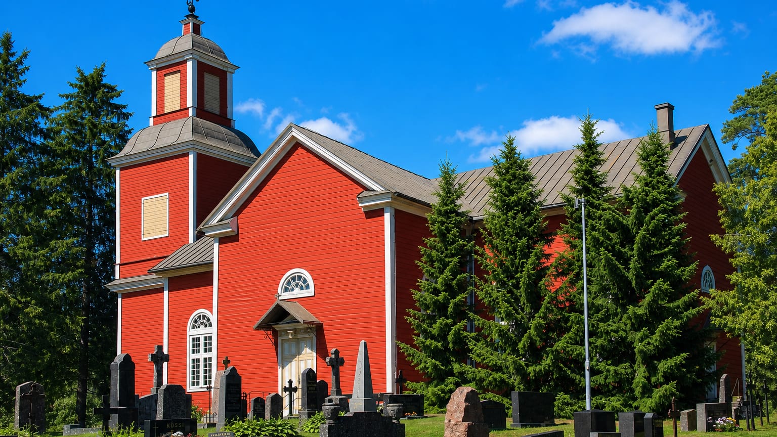 Oripää's red wooden church with a domed bell tower beside an old graveyard under a blue sky.