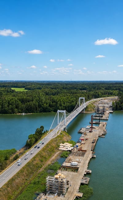 Aerial view of the cable-stayed bridge crossing the archipelago strait toward Pargas, Finland