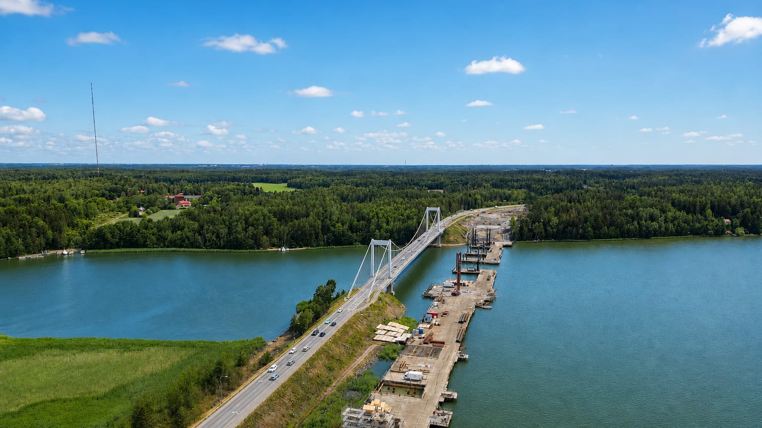 Aerial view of the cable-stayed bridge crossing the archipelago strait toward Pargas, Finland
