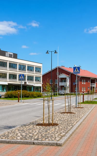 Quiet street with a modern office block, red timber building and brick paving in Piikkiö, Finland.
