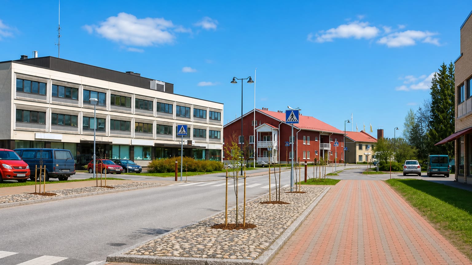 Quiet street with a modern office block, red timber building and brick paving in Piikkiö, Finland.