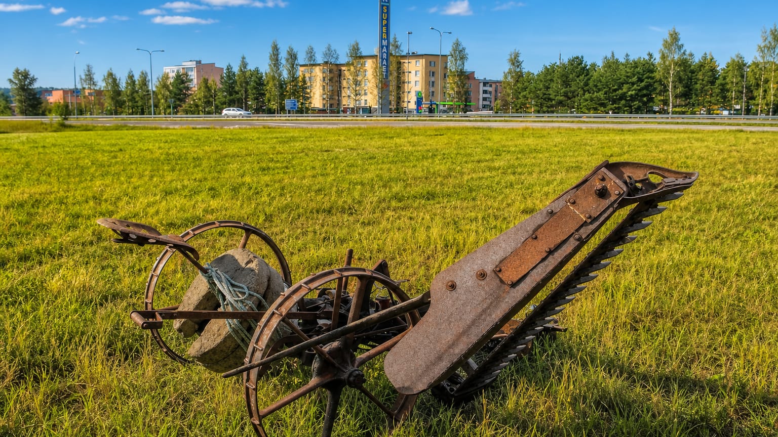 Antique rusty horse-drawn mower in a sunlit grassy field with apartment blocks and a road behind in Raisio, Finland.