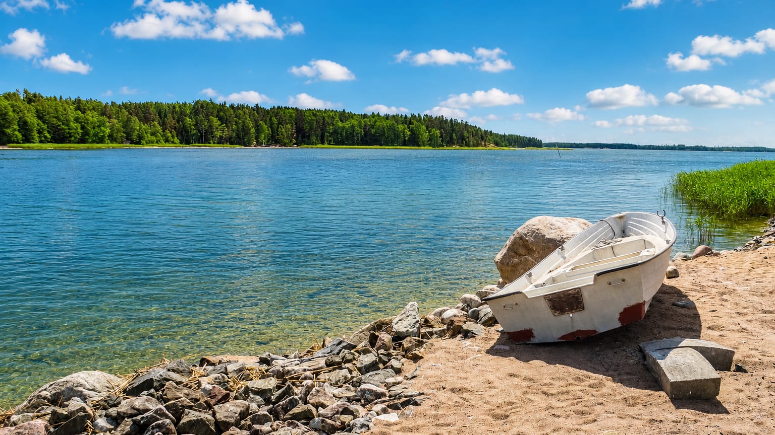 White rowing boat on Särkisalo's rocky, sandy shore beside a calm blue archipelago bay with forested islands beyond