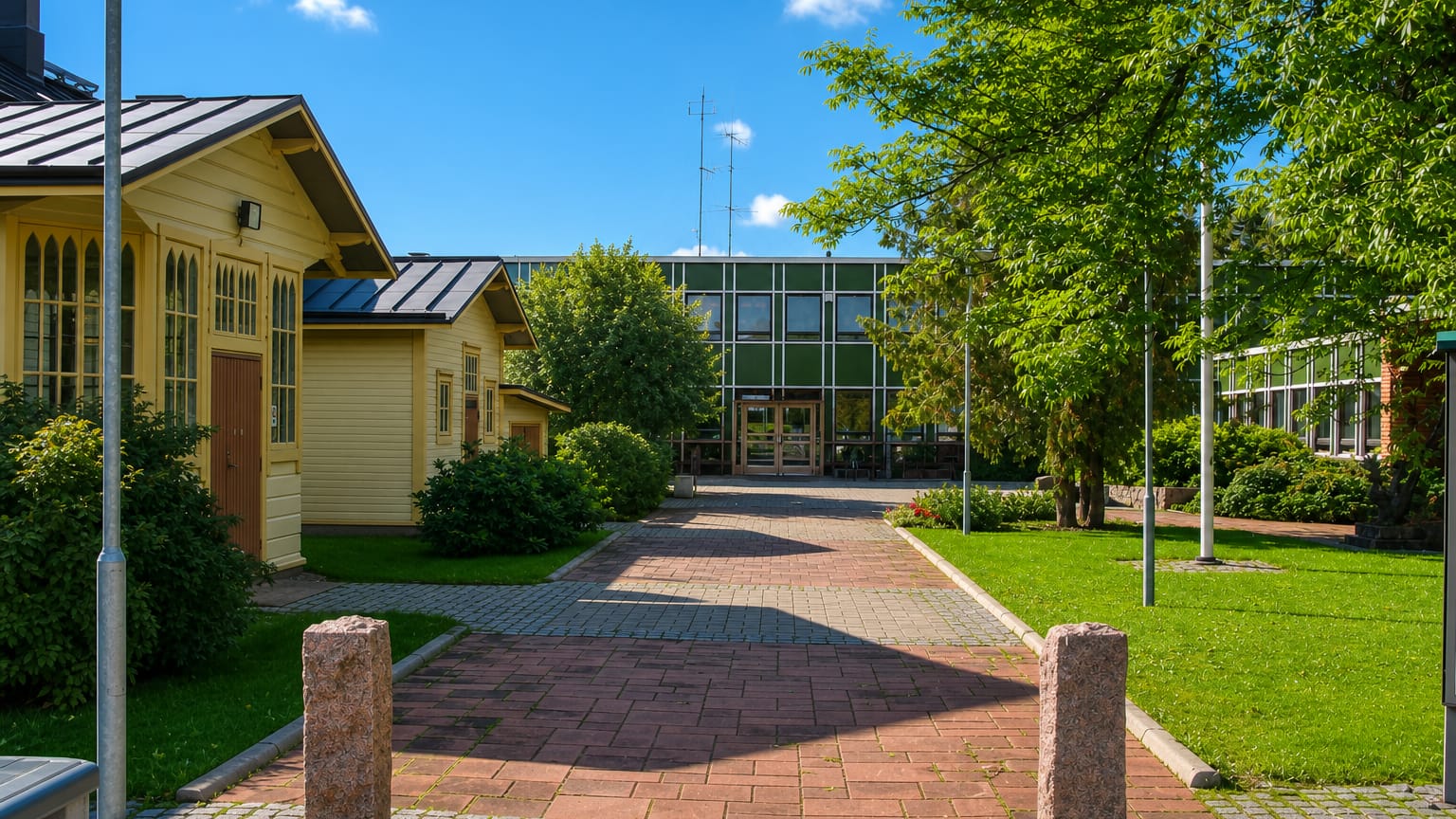 Brick-paved courtyard between a yellow timber building and a green-glass hall in Somero, Finland.