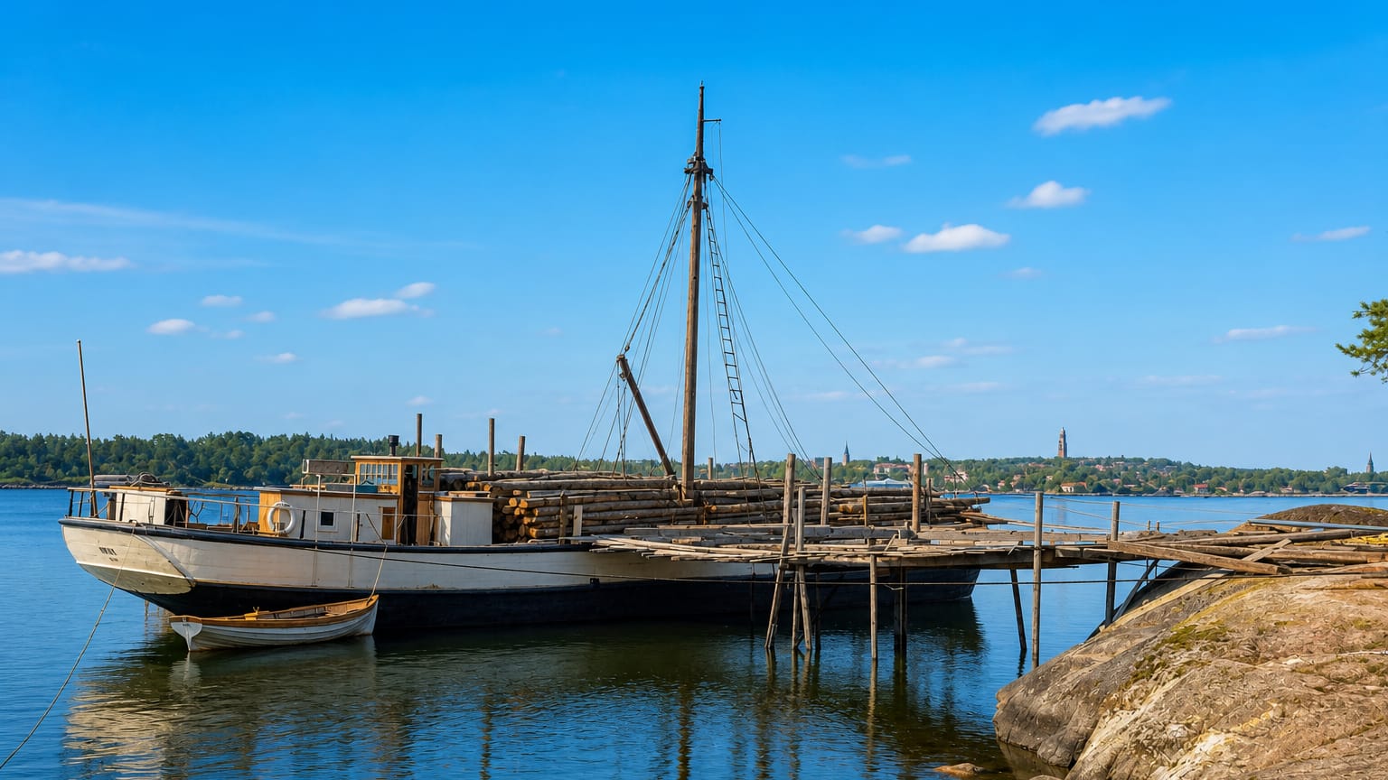 Traditional wooden sailing vessel moored at a timber jetty in the calm archipelago waters of Taivassalo, Finland.