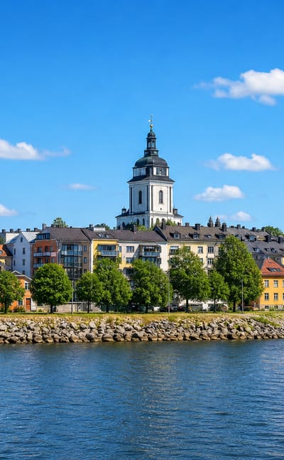 Waterfront rooftops and a domed church tower across the water at Hannunniittu, Turku.