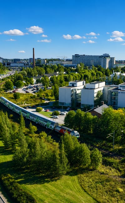 Aerial daytime view over I kaupunginosa, Turku: a highway, passing train, modern white buildings and green woodland under blue sky.