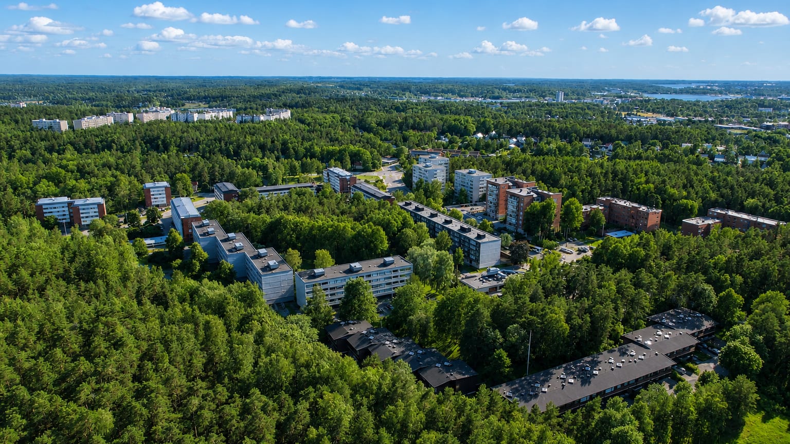 Aerial view of apartment blocks in pine forest with the sea and archipelago beyond, Ispoinen, Turku.