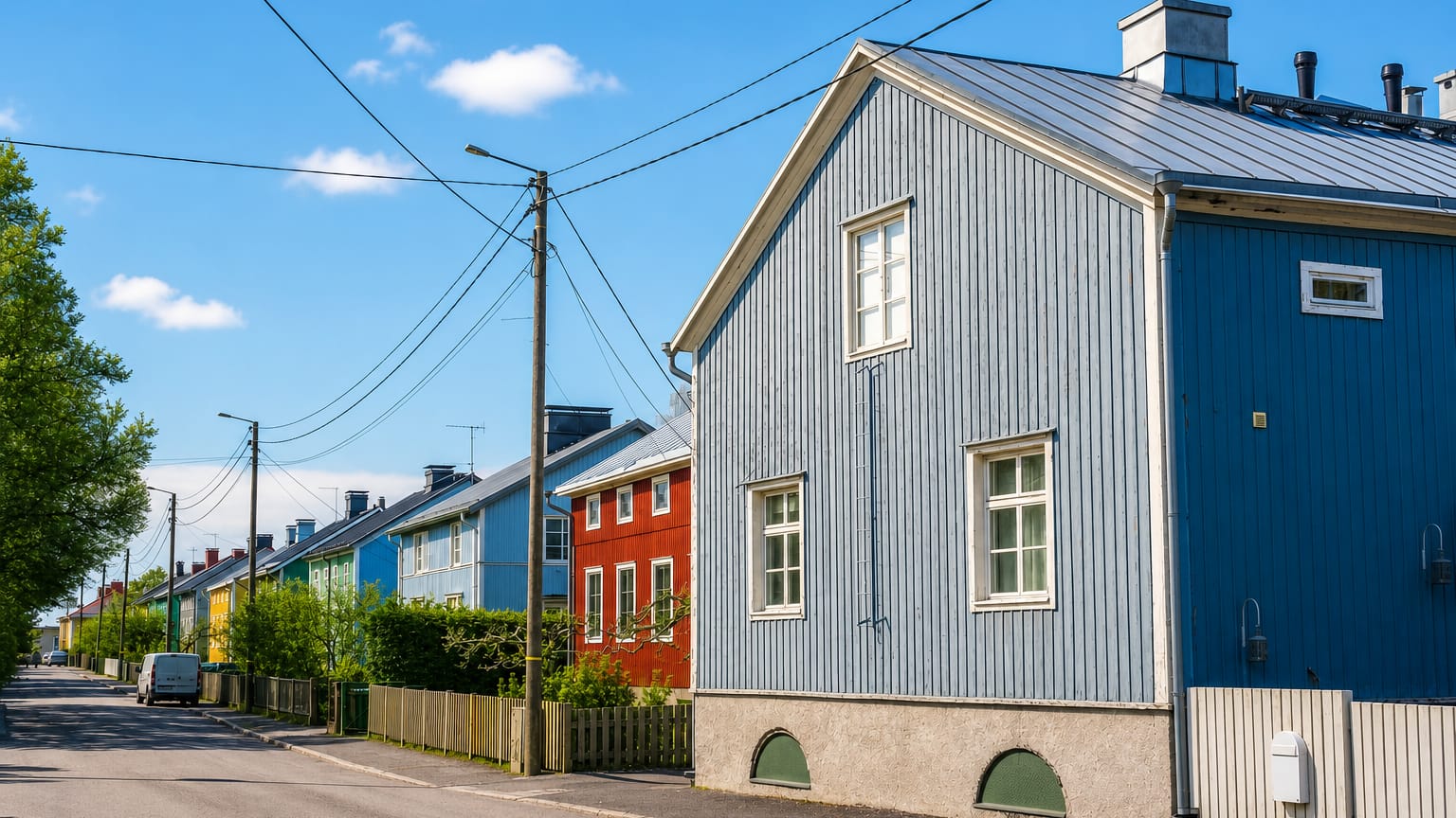 Row of painted wooden houses with metal roofs along a quiet street in Mäntymäki, Turku.