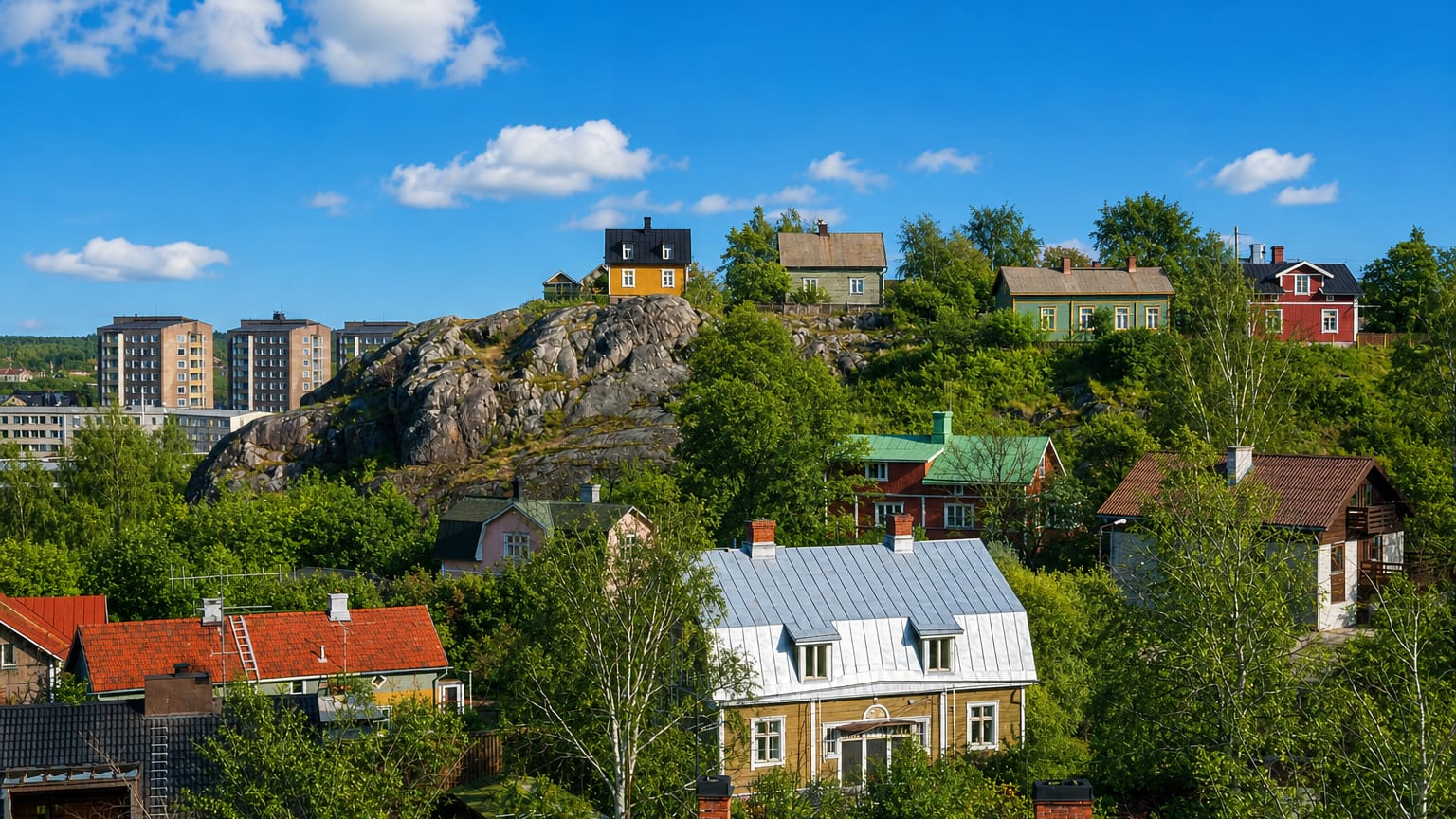 Traditional painted wooden houses on a rocky hill above apartment blocks and birch trees in Nummi, Turku, Finland