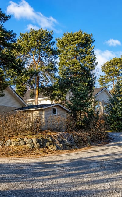 Gravel lane curving past detached wooden houses and pines in Pitkämäki, Turku.