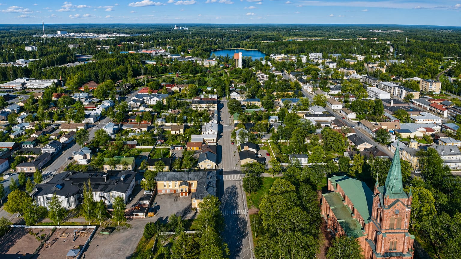 Aerial daytime view of Uusikaupunki, Finland, its red-brick neo-Gothic church and green spire amid leafy low-rise streets.