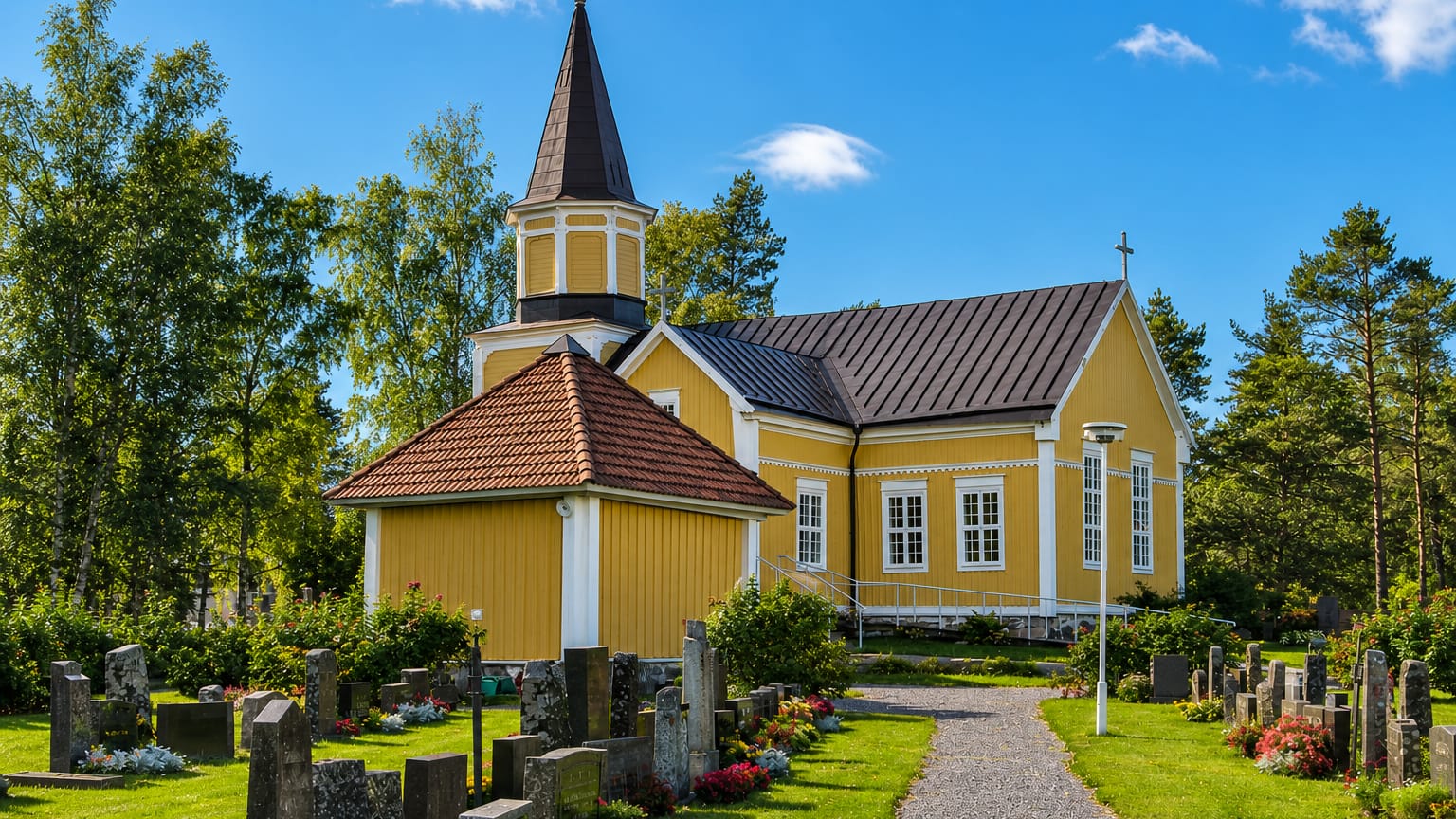 Yellow wooden church and its gravestone-filled churchyard under a blue sky in Vahto, Finland.