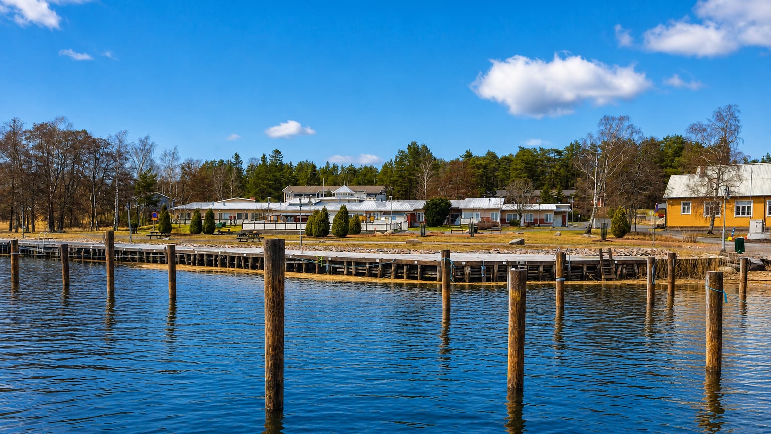 Velkua waterfront in Finland's archipelago, with low buildings on a wooded shore across calm water lined by weathered pier posts