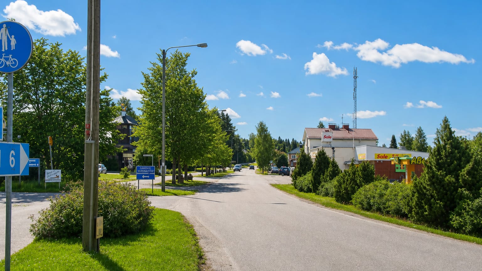 Village roadside with a Sale grocery and ABC service station beside a tree-lined road in Yläne, Finland.