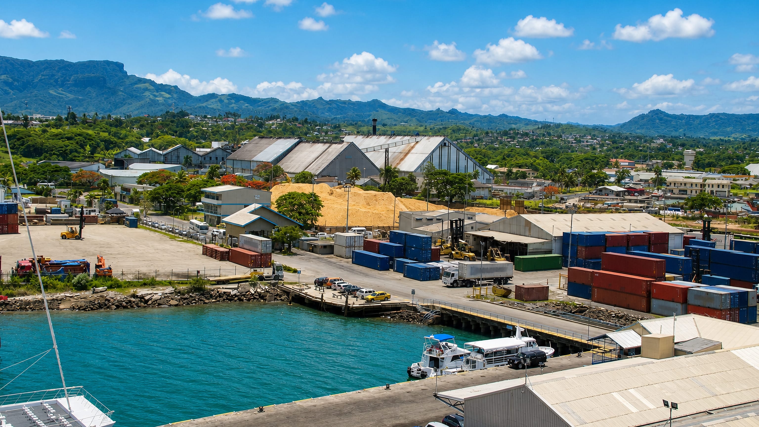 Lautoka's port in western Fiji, with shipping containers, sugar-mill sheds and green mountains beyond.