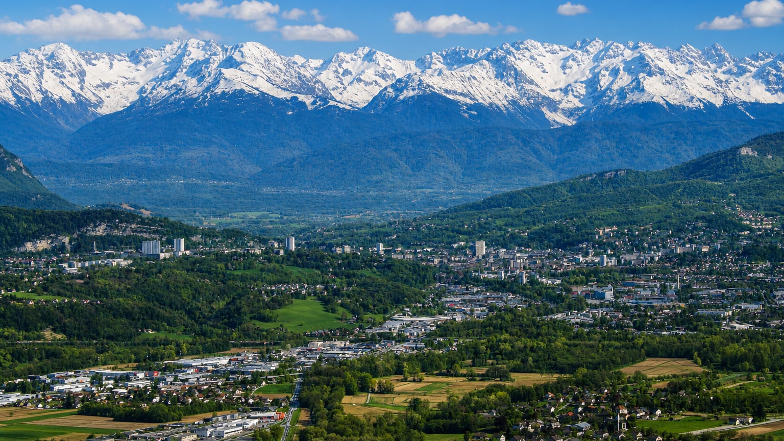 Chambery spread across a green valley beneath the snow-capped peaks of the Alps under blue sky