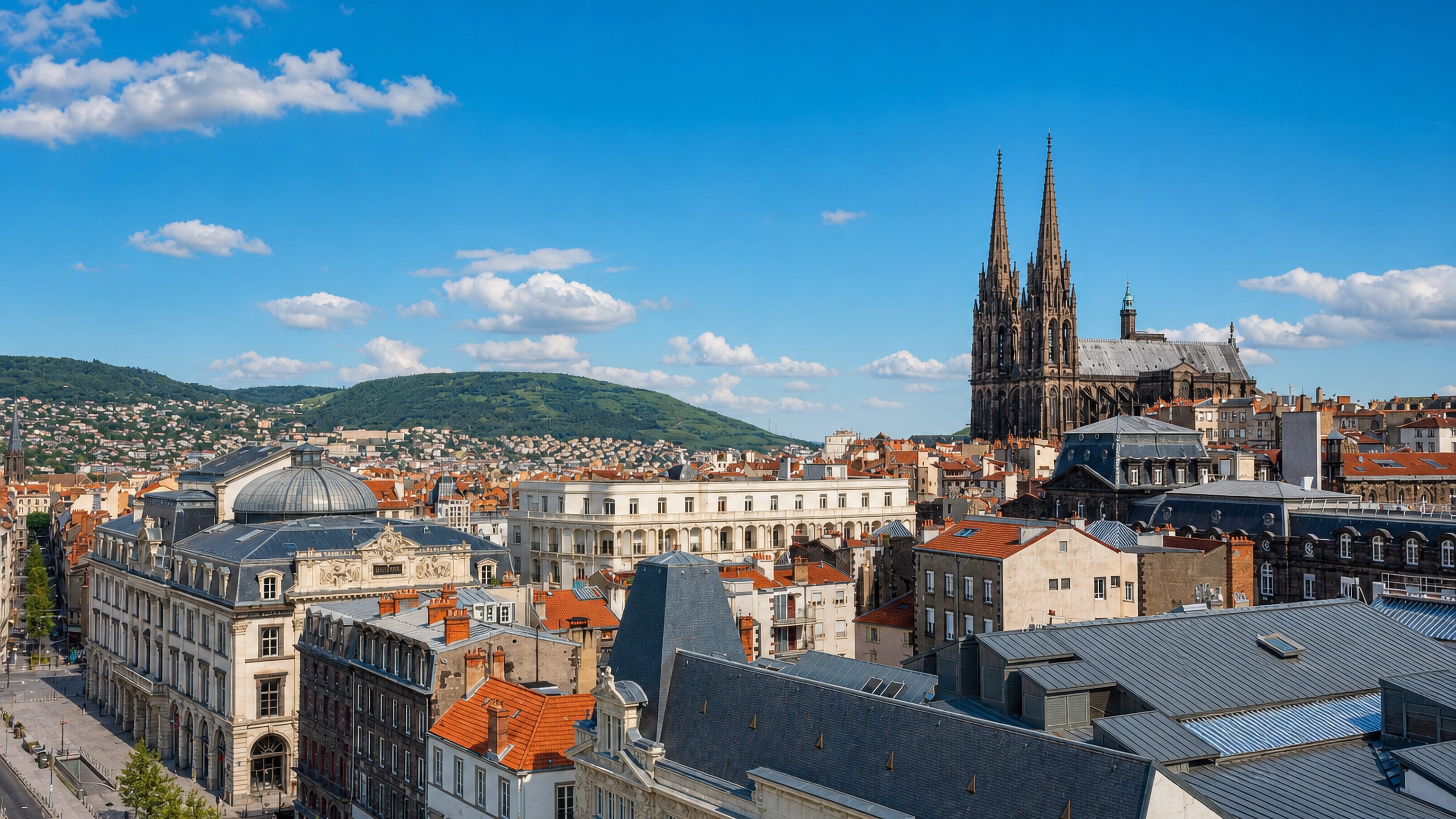 Clermont-Ferrand's black lava-stone cathedral spires above the old town, opera house dome and volcanic hills