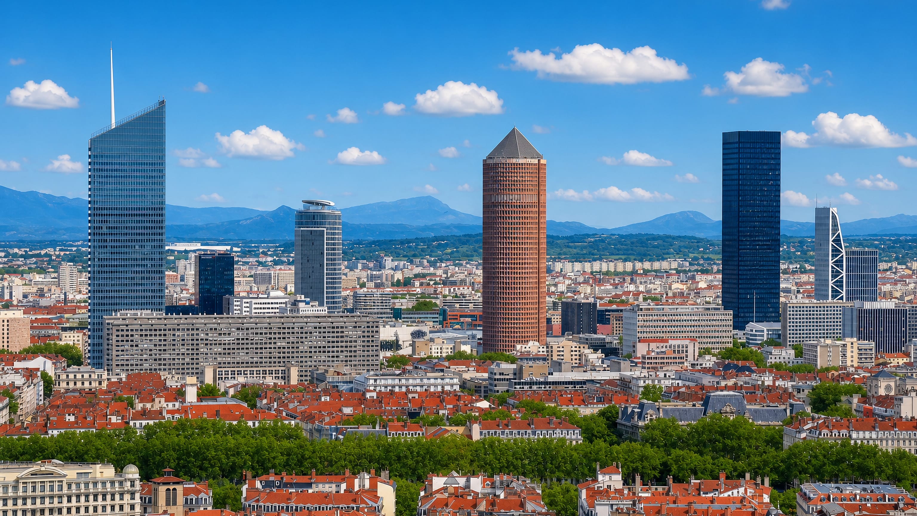 Lyon's La Part-Dieu skyline with the pencil-topped Tour Part-Dieu and Tour Incity above red rooftops