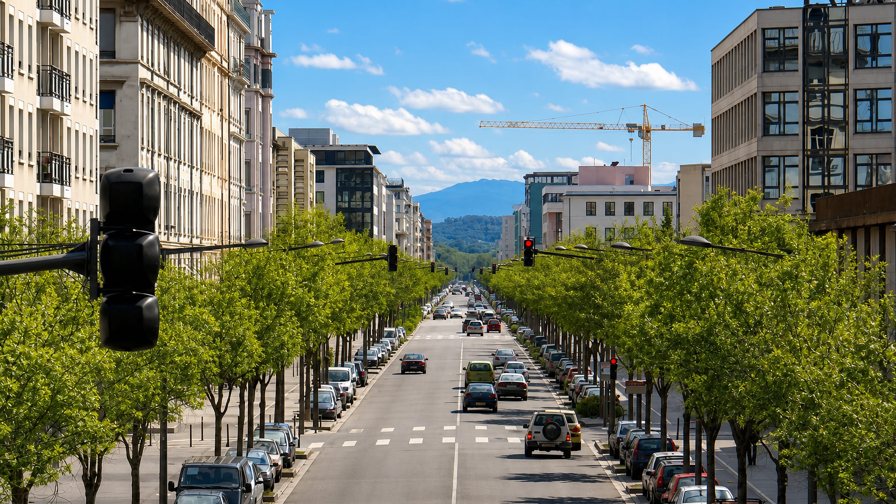 A tree-lined boulevard through Lyon's 7th arrondissement running toward distant hills under a clear sky.