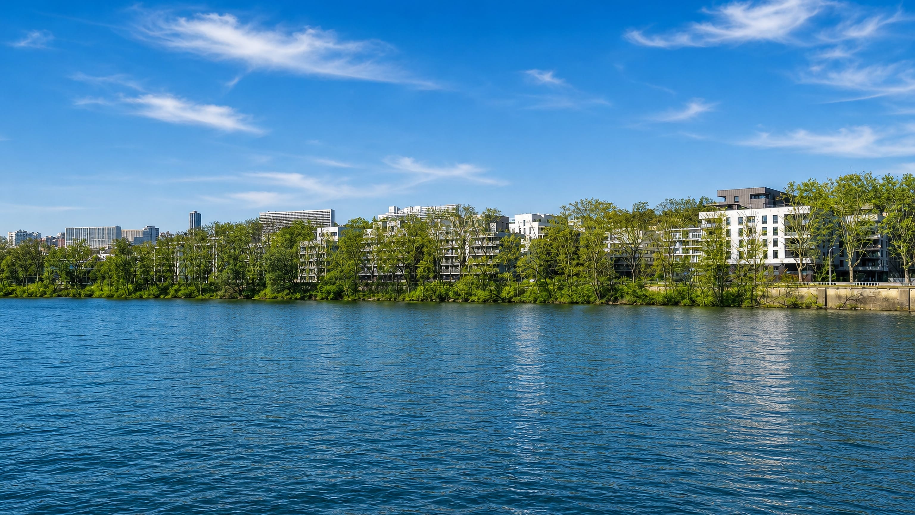 Modern riverside apartment blocks along the Saone in Lyon's 9th arrondissement, distant towers beyond.