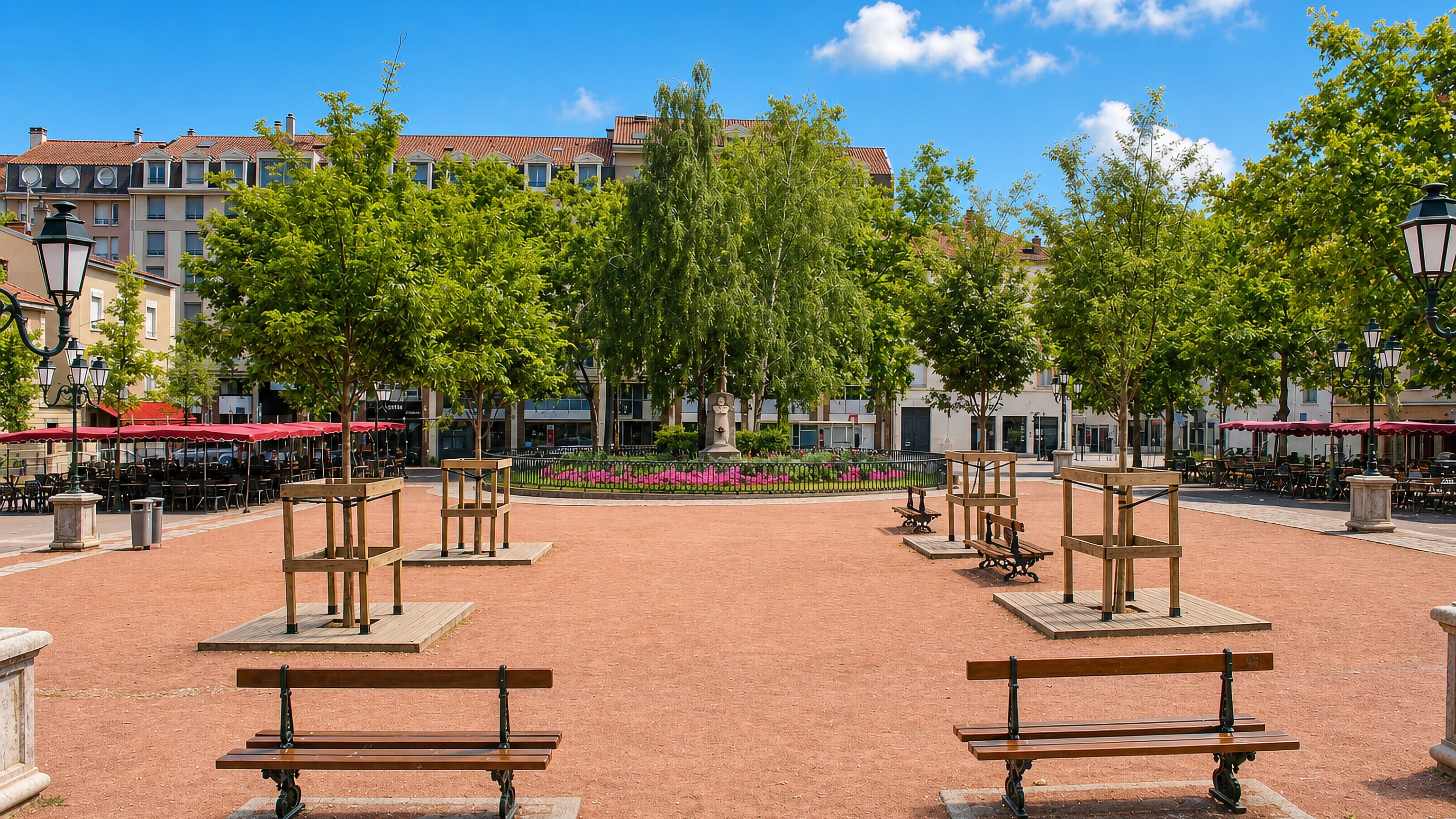Benches and plane trees on a gravel square lined with café awnings in Lyon's Monplaisir district.