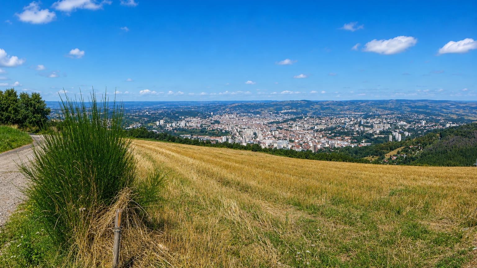 Saint-Étienne spread across its valley seen from a hilltop meadow amid green hills in France.