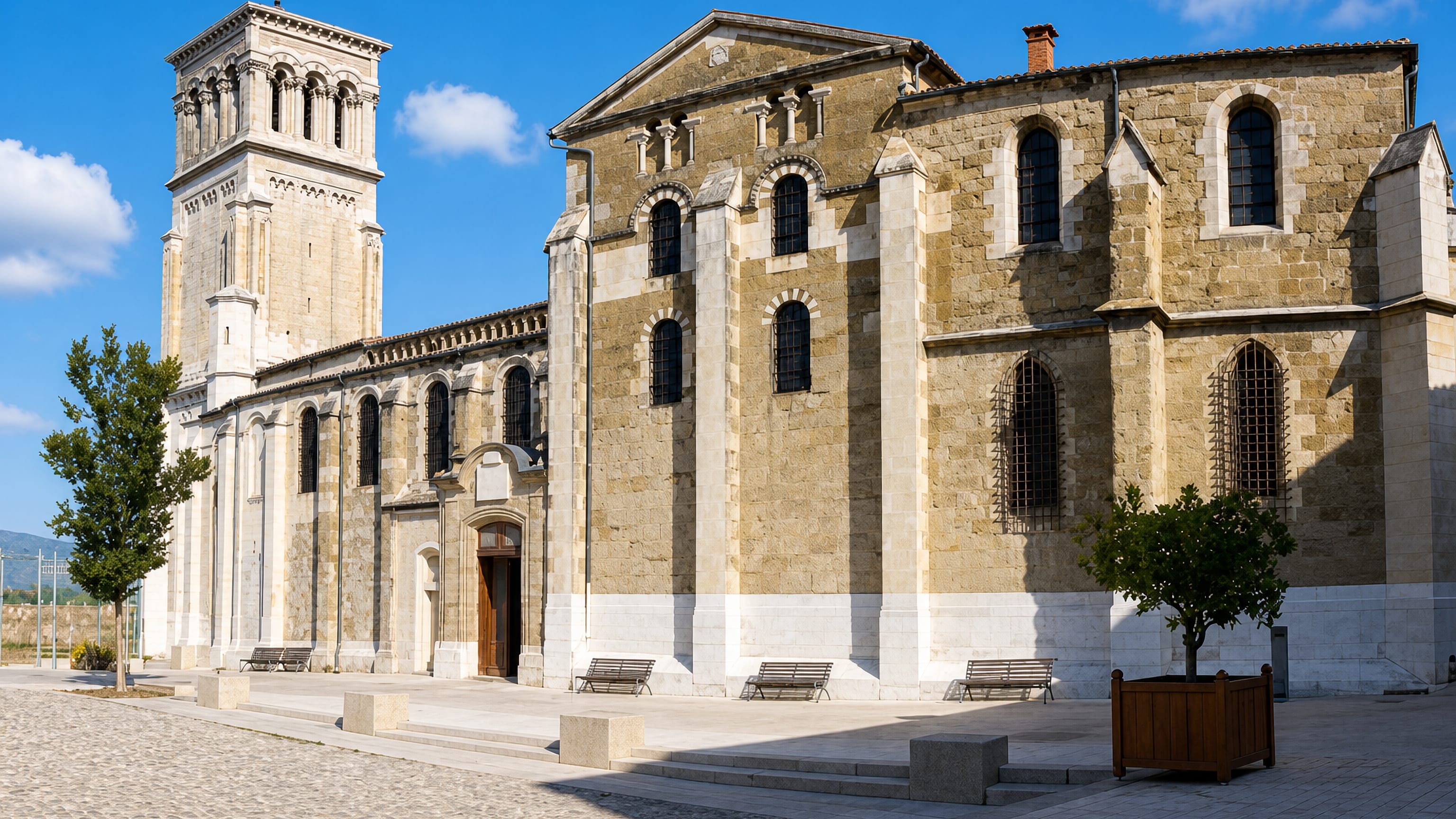 Saint-Apollinaire Cathedral in Valence, its Romanesque stone nave and bell tower above an empty cobbled square.