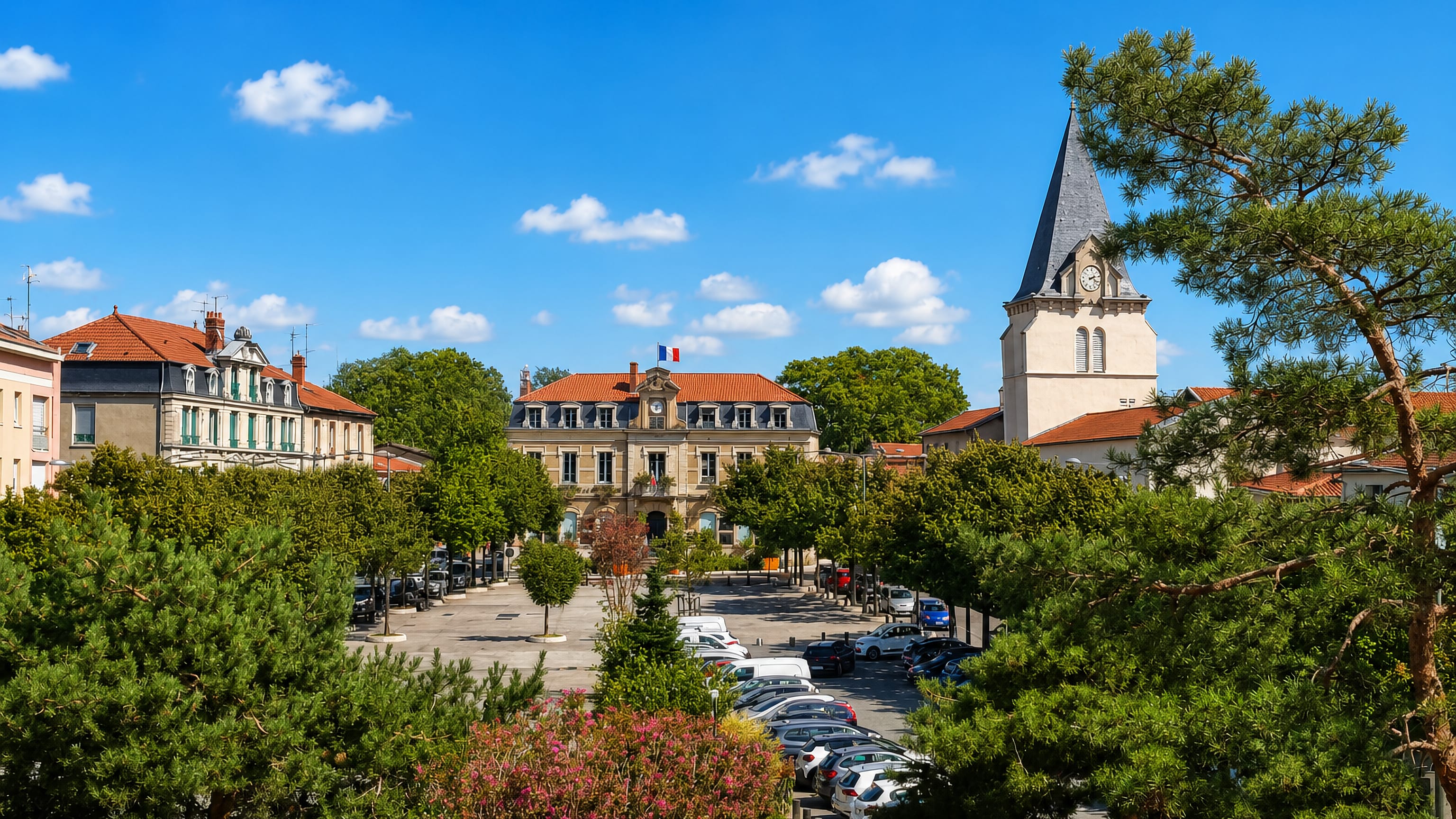 Town hall flying the French flag and a stone church tower above the central square of Venissieux, France.