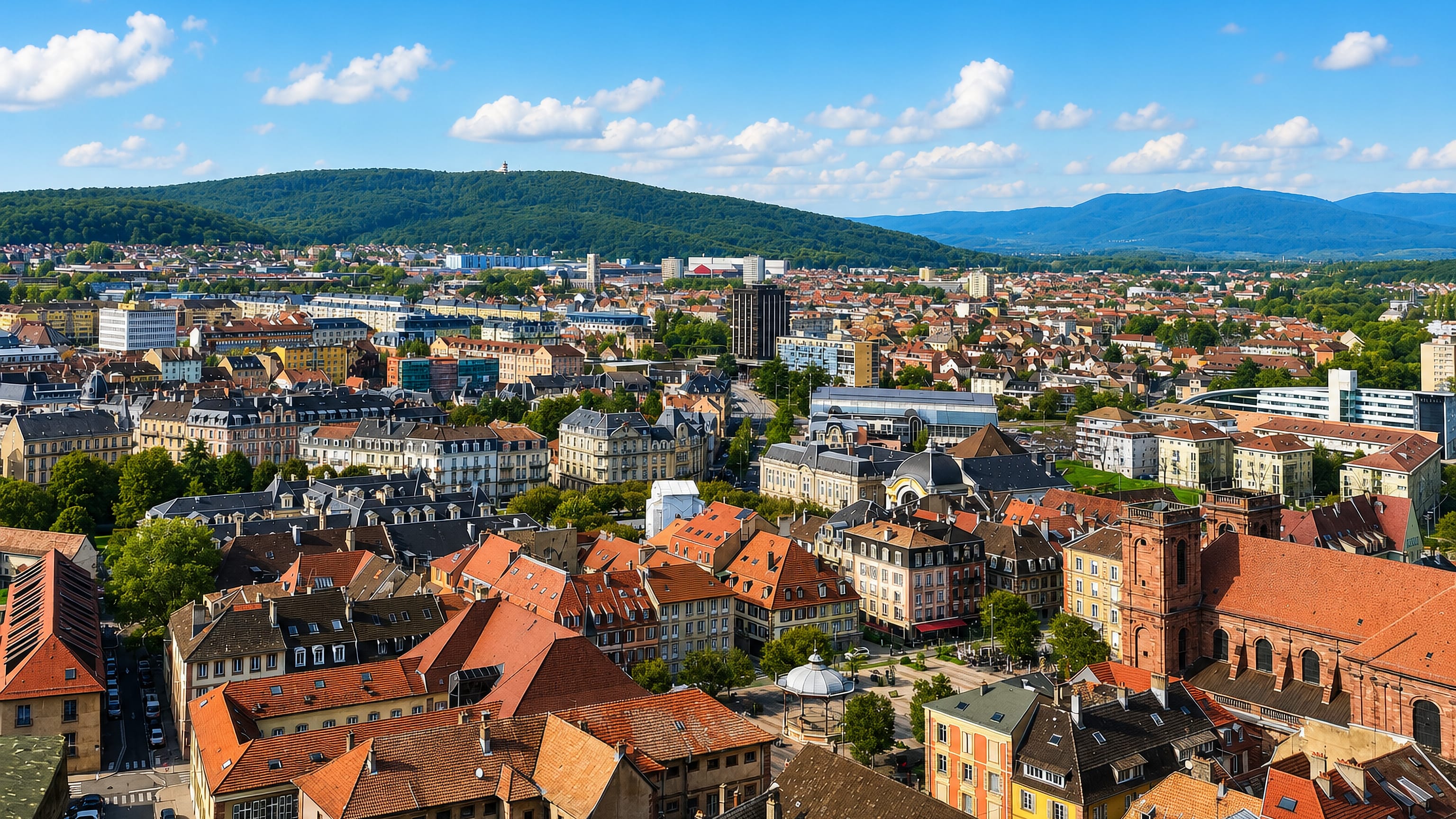 Aerial view over Belfort's old town, red-tiled roofs and pink sandstone cathedral below the wooded Vosges hills