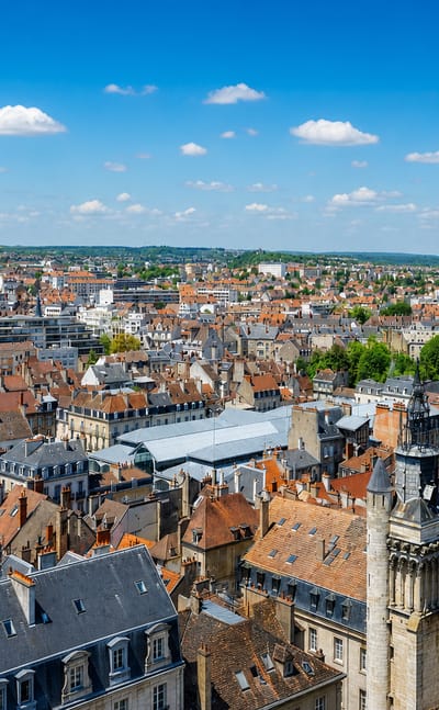 Dijon's terracotta rooftops and Gothic church spires spread across the historic city centre