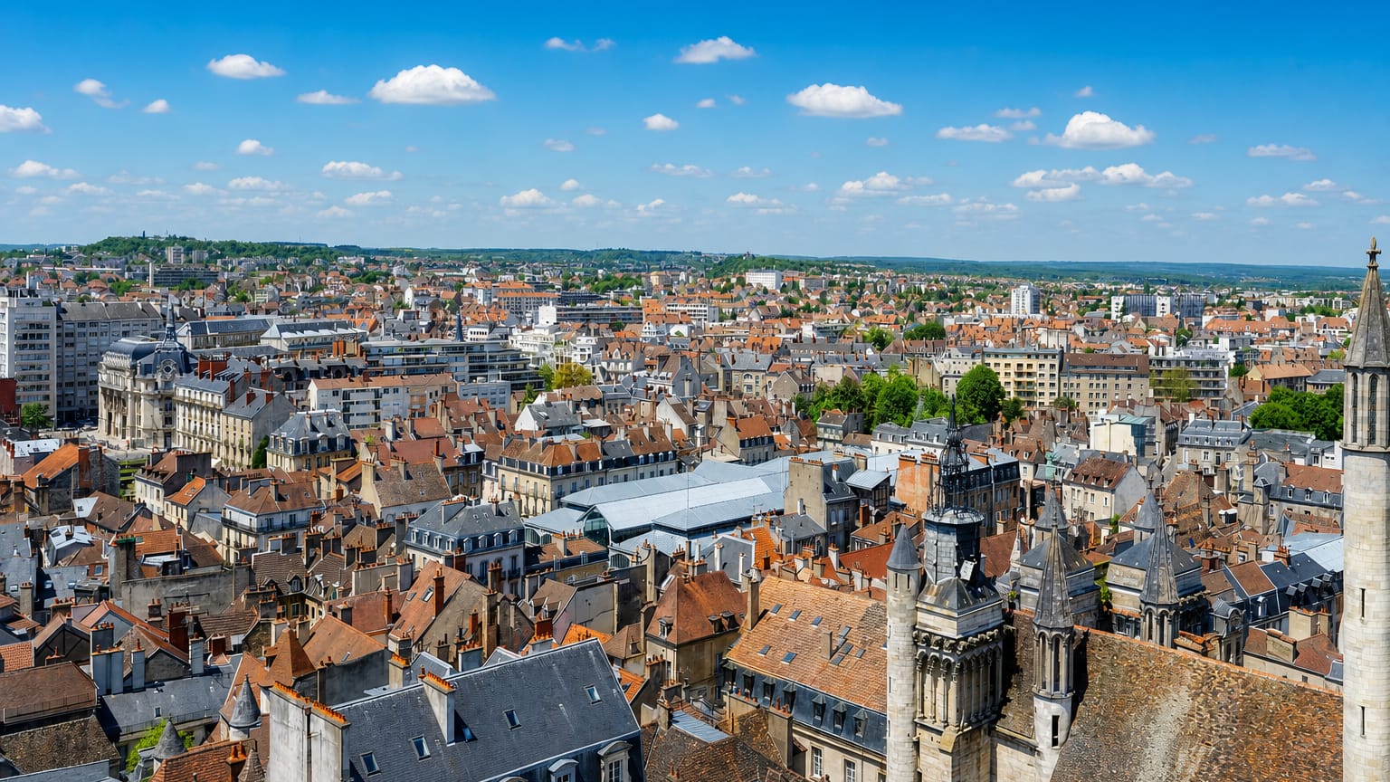 Dijon's terracotta rooftops and Gothic church spires spread across the historic city centre