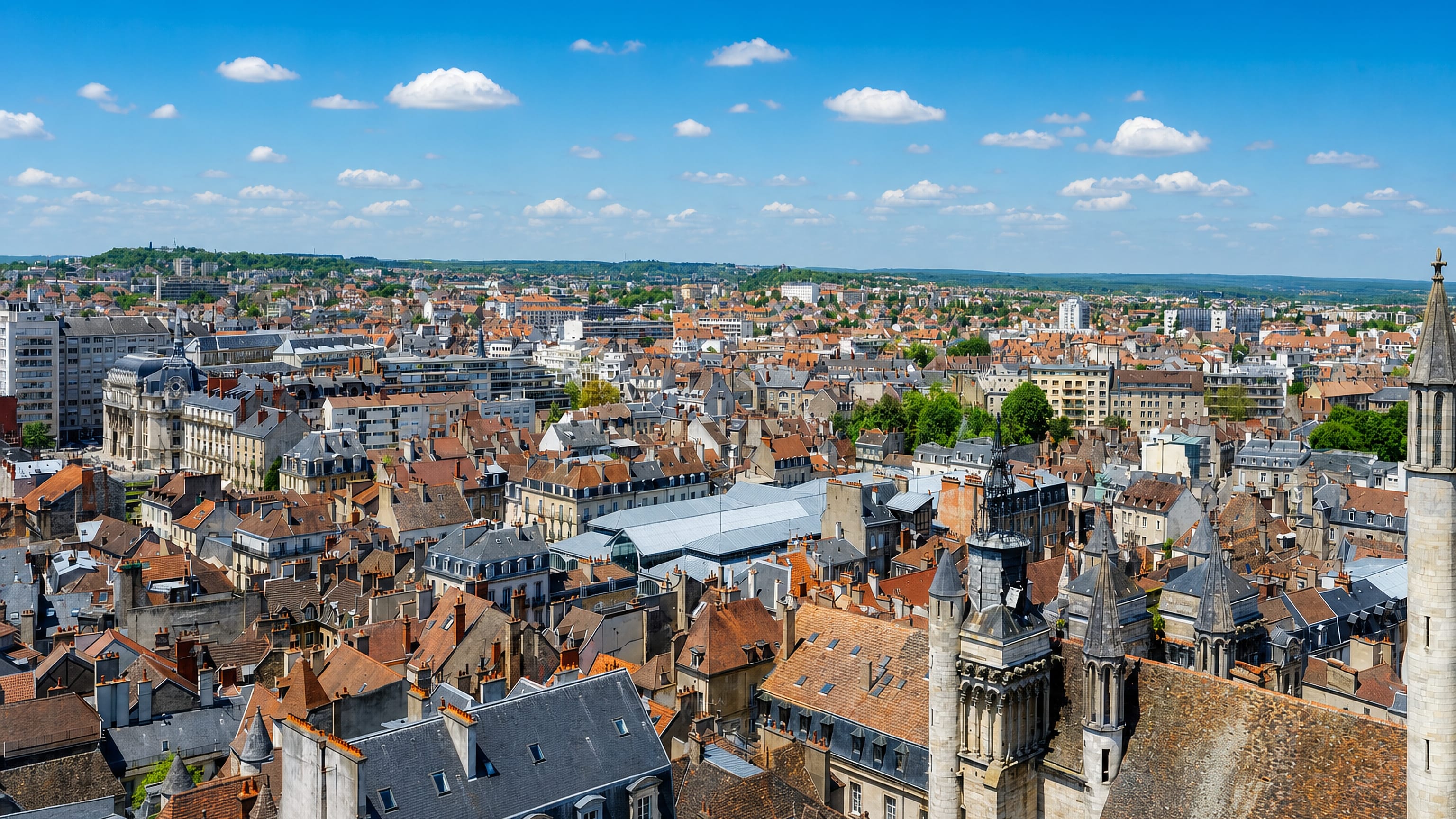 Dijon's terracotta rooftops and Gothic church spires spread across the historic city centre