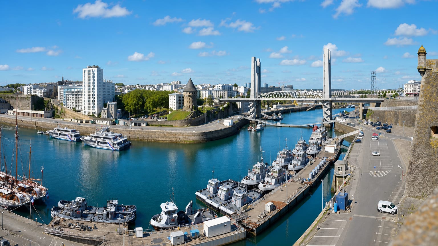 Brest's naval harbour with grey warships, the Recouvrance lift bridge and the round Tour Tanguy under blue sky.