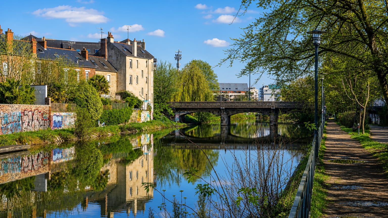 Stone bridge over a tree-lined canal in Rennes, France, with townhouses reflected in the calm water