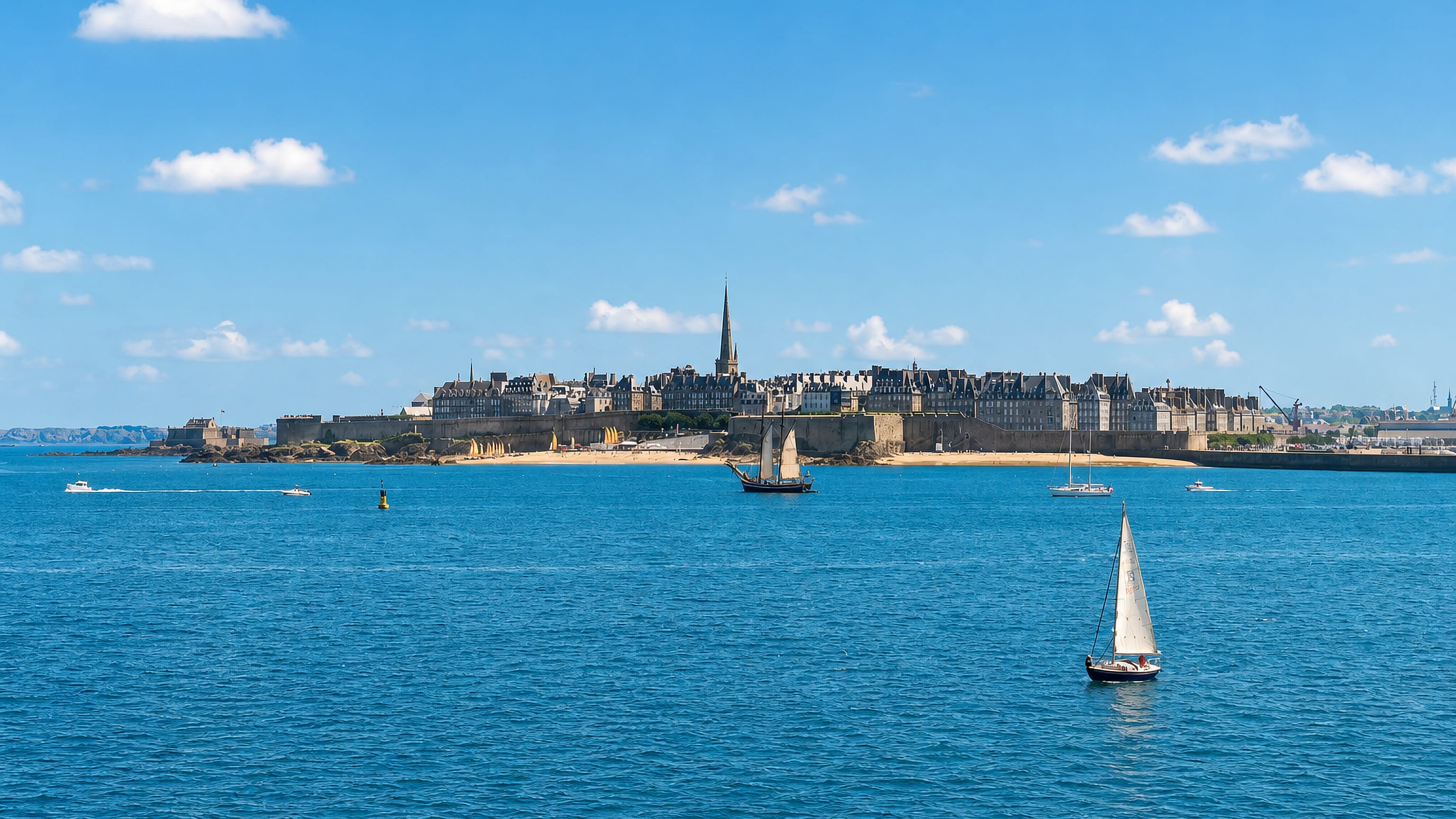 The walled city of Saint-Malo seen across the sea, ramparts and cathedral spire above the beach