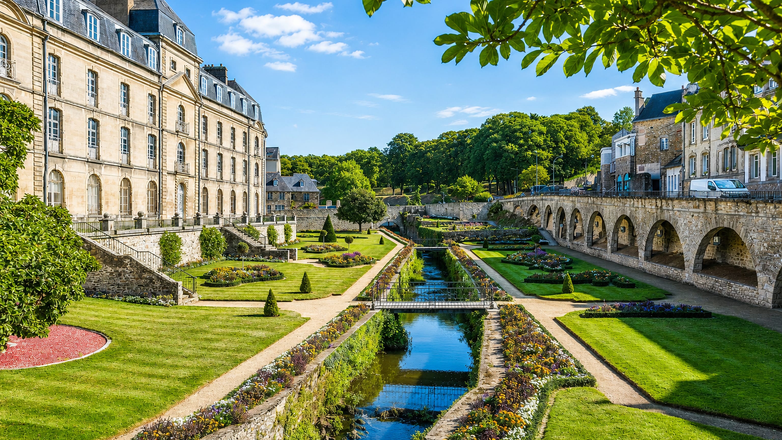 The formal Jardins des Remparts and arcaded stone city wall along the Marle stream in Vannes, Brittany