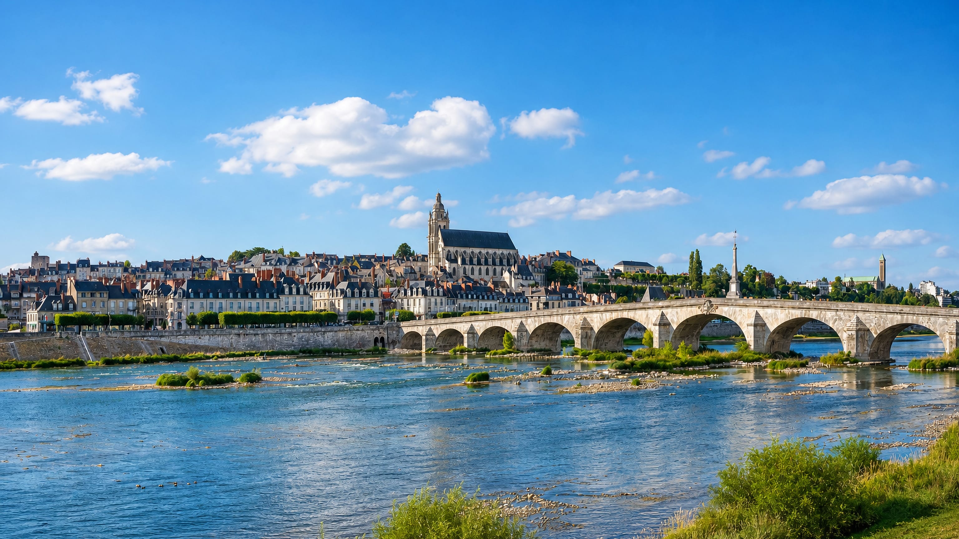 Blois rising above the Loire, with Saint-Louis Cathedral crowning the quays beside the arched stone bridge.