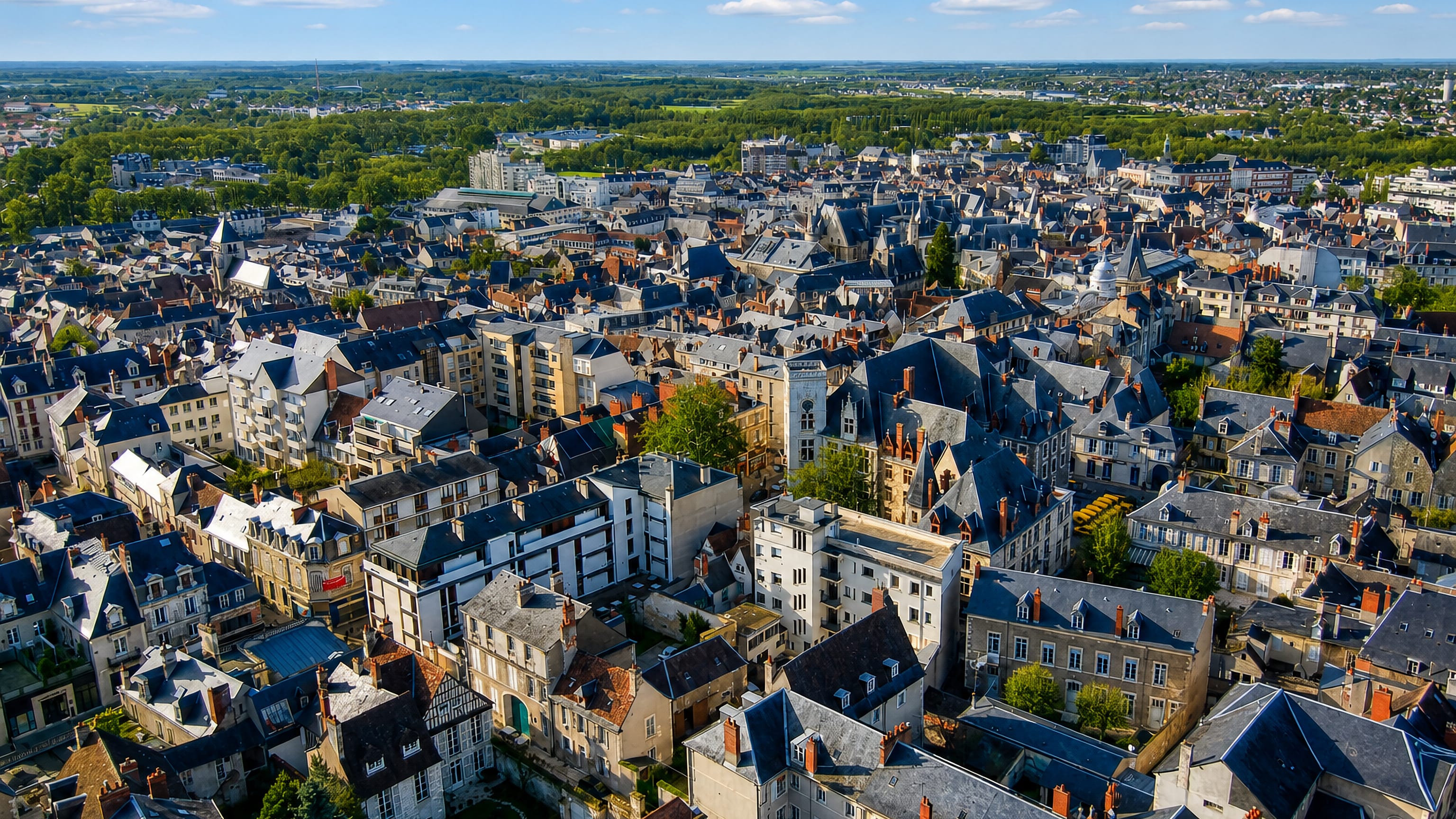 Slate rooftops and stone mansions of the old town of Bourges, France, seen from above on a sunny day.