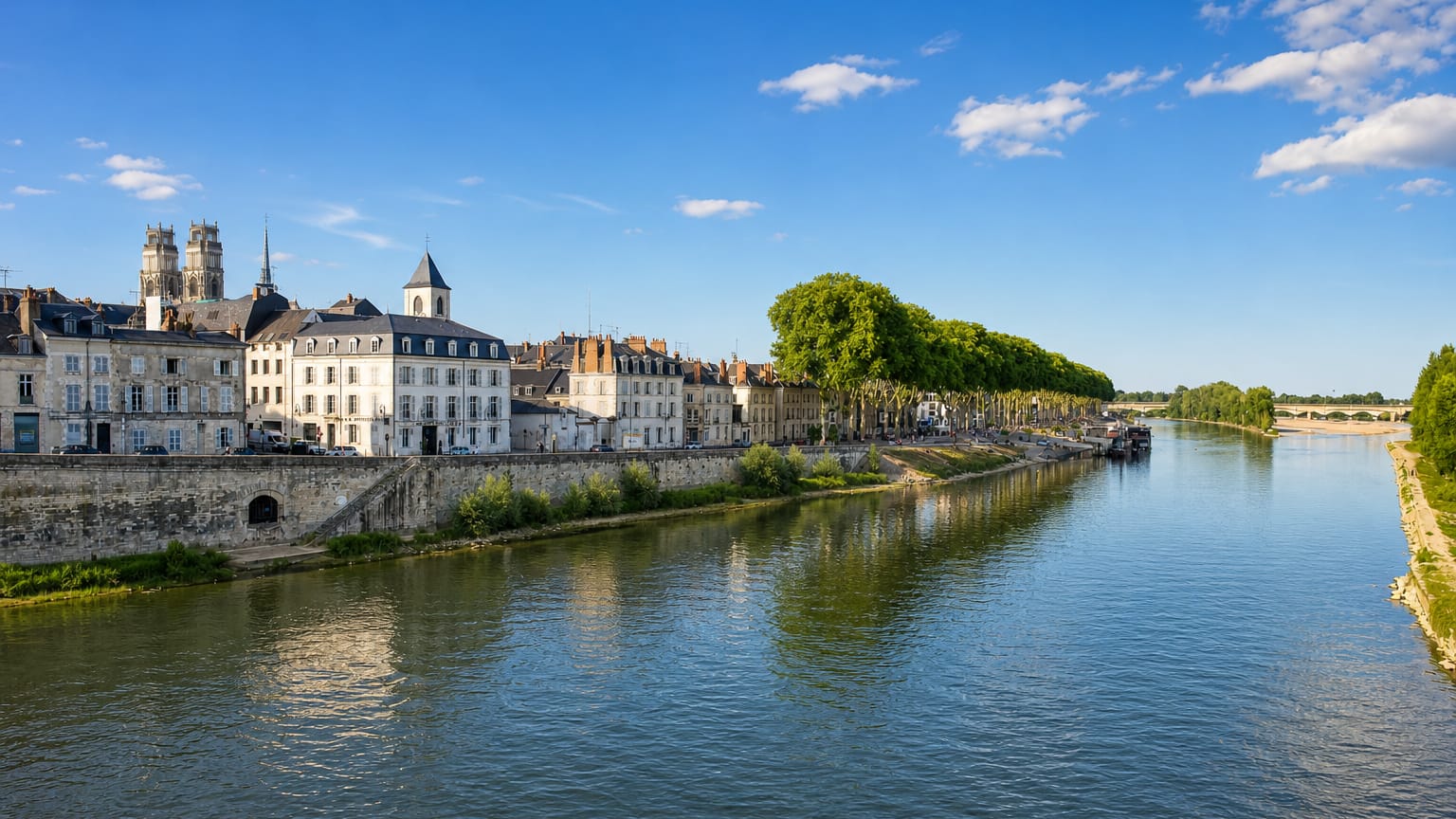 The Loire flows past Orléans' historic quayside, the twin spires of Sainte-Croix Cathedral rising behind the old rooftops.