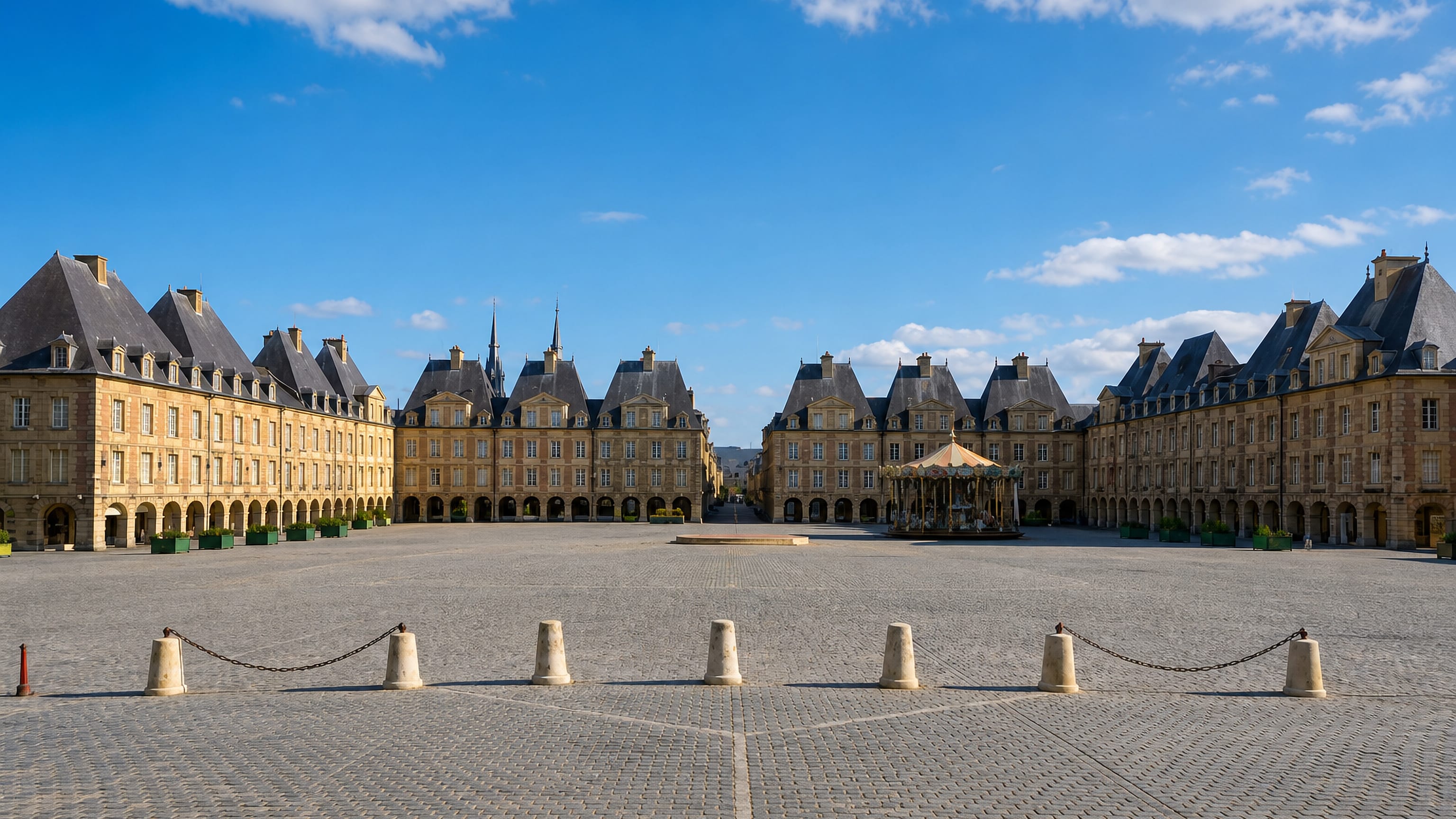 Place Ducale in Charleville-Mézières, its arcaded pavilion-roofed façades and carousel around a wide cobbled square