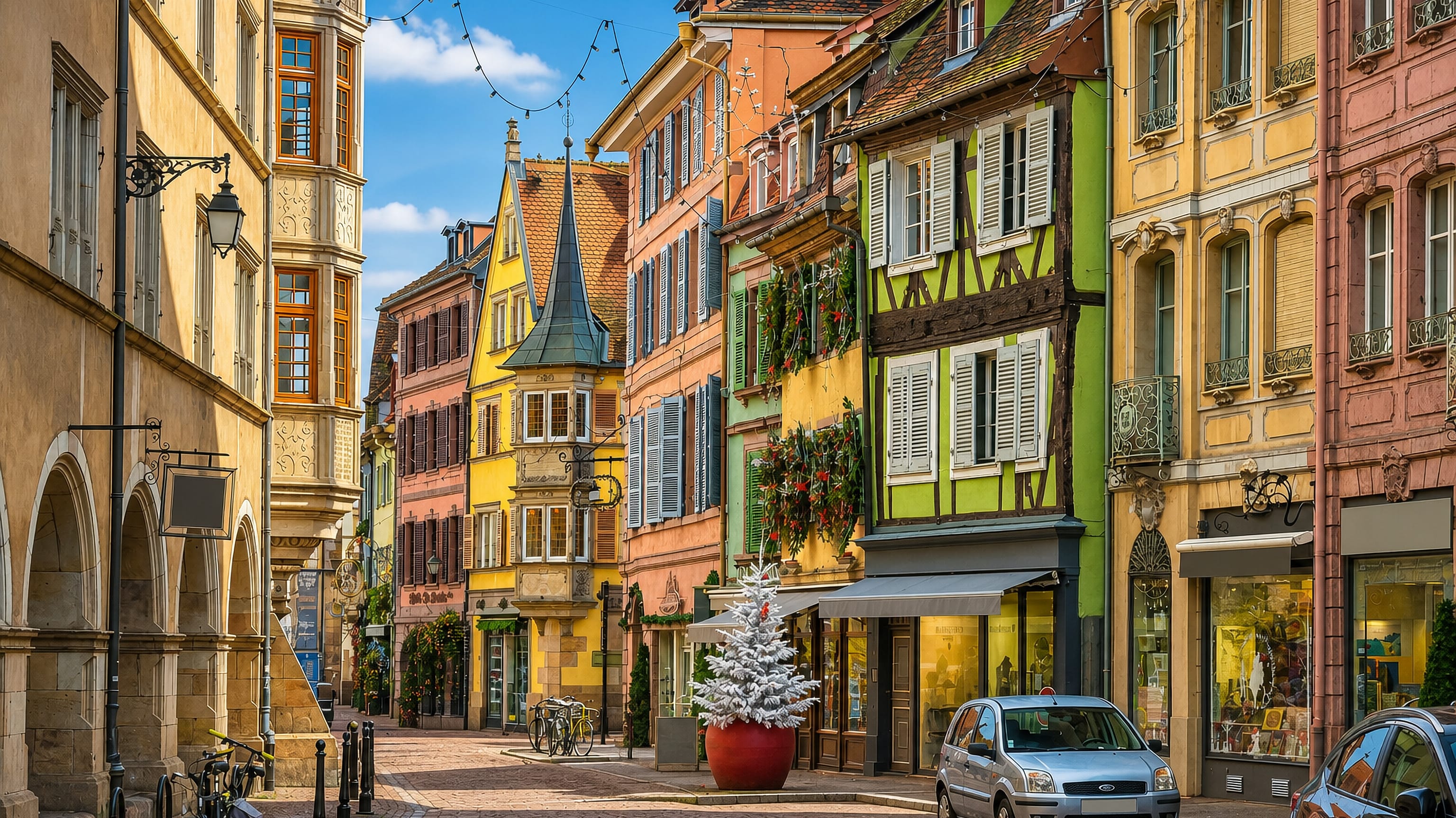 Colourful half-timbered and pastel houses lining a cobbled old-town street in Colmar, Alsace, France.