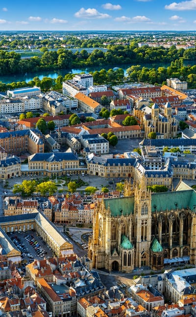 Aerial of Metz with the Gothic Saint-Etienne Cathedral, old-town roofs and the Moselle beyond, France