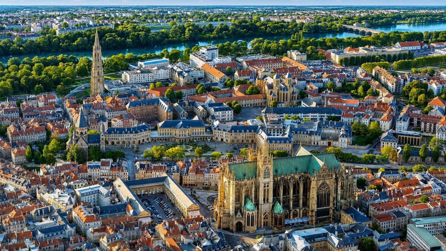 Aerial of Metz with the Gothic Saint-Etienne Cathedral, old-town roofs and the Moselle beyond, France