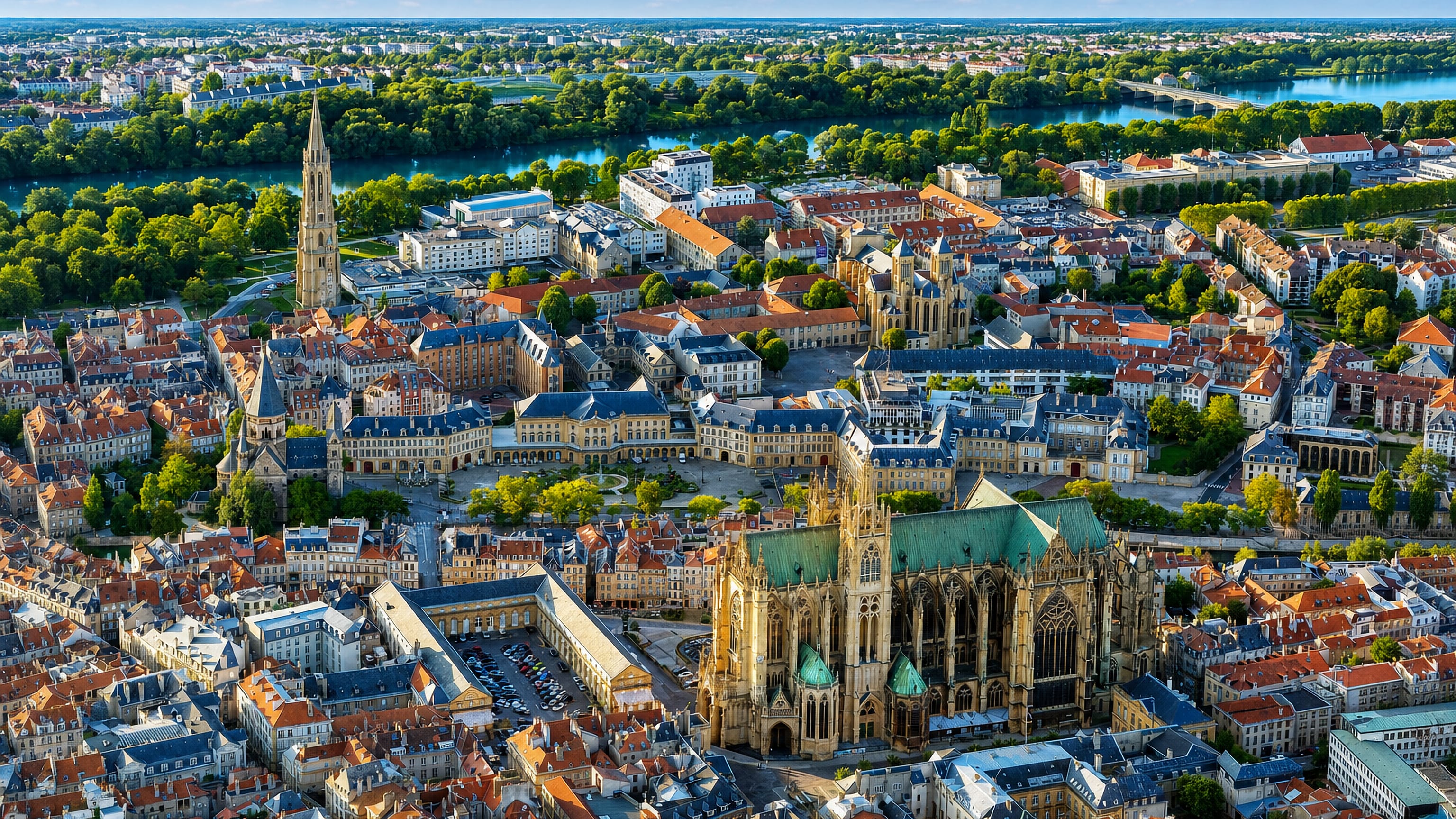Aerial of Metz with the Gothic Saint-Etienne Cathedral, old-town roofs and the Moselle beyond, France