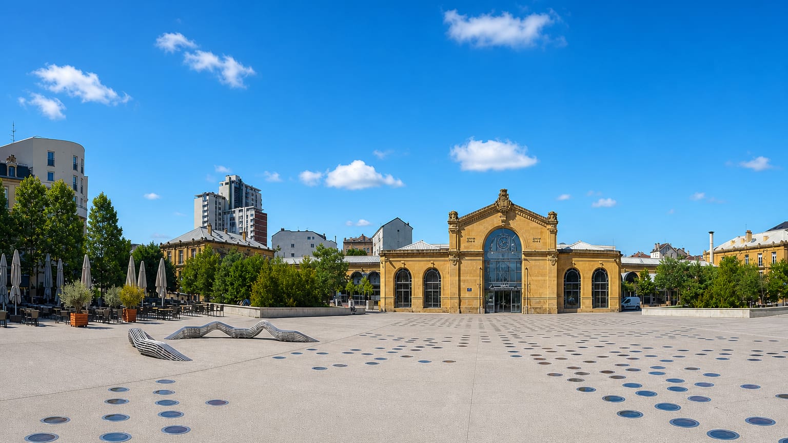 A wide paved public square in Nancy fronting an ornate 19th-century yellow-stone market pavilion