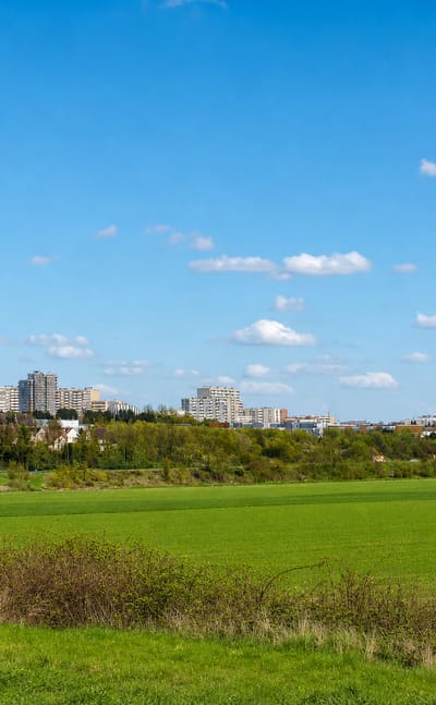 Distant view of Reims apartment blocks and rooftops across a wide green field, France
